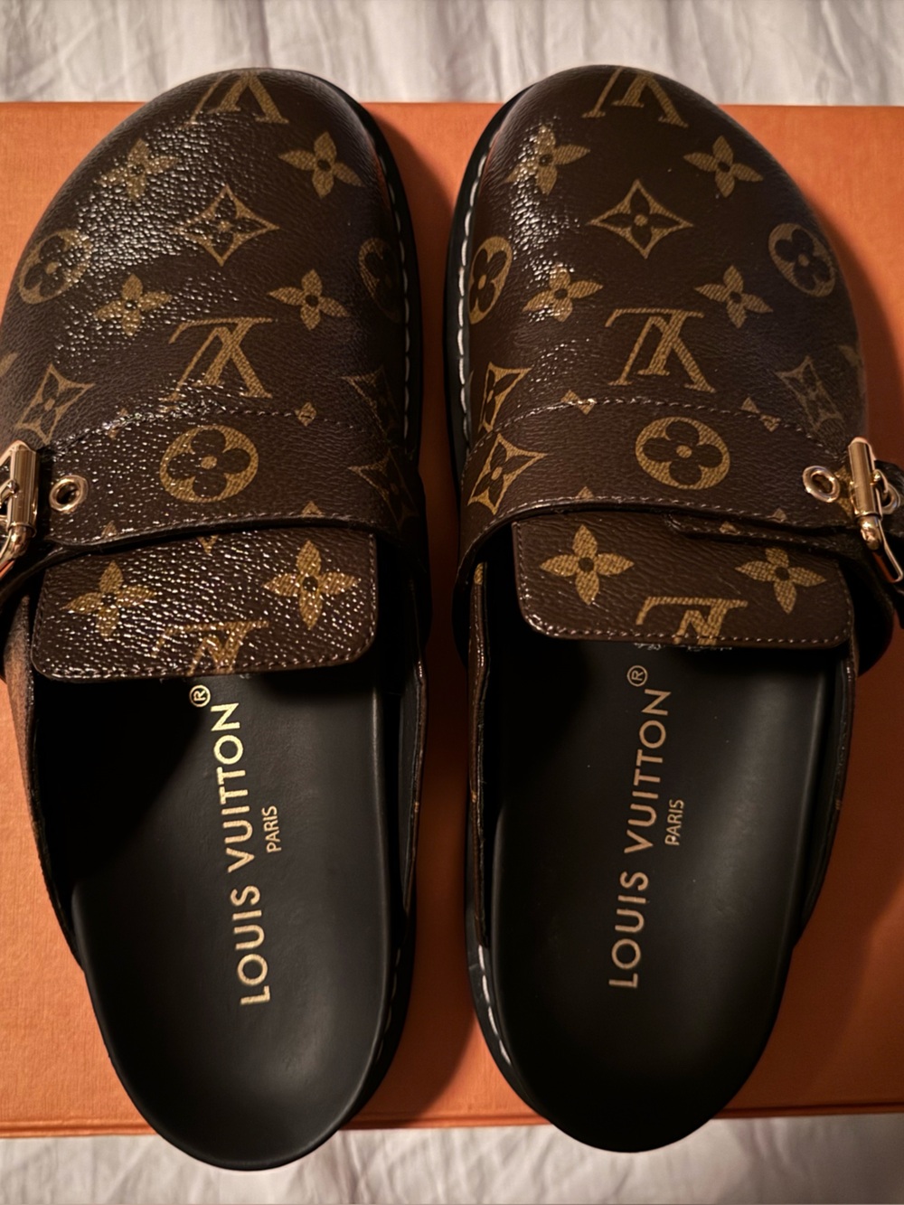 Louis Vuitton Brown Monogram Loafer Flats with Gold Buckle